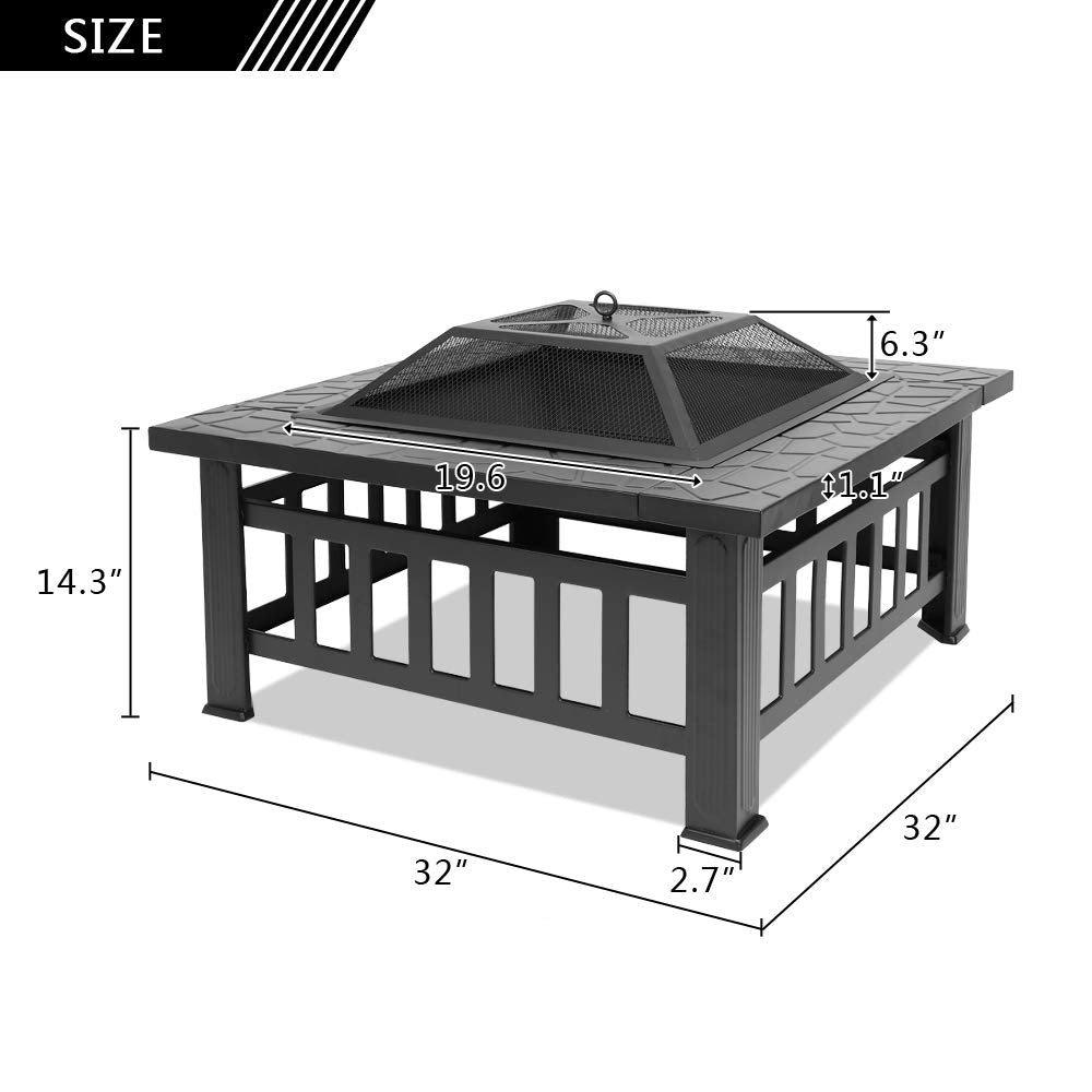 32in Square Metal Wood Burning Fire Pit with Spark Screen L262306