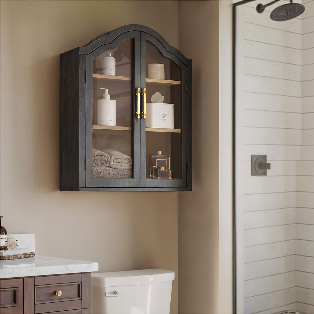 Black 31.5×23.6 Inch Wall Mounted Cabinet with Tempered Glass Doors S2799