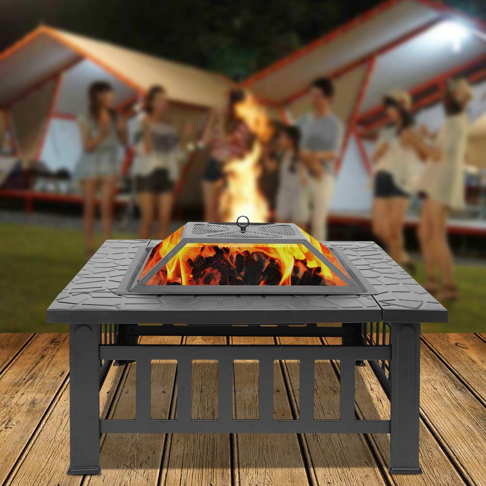 32in Square Metal Wood Burning Fire Pit with Spark Screen L262306