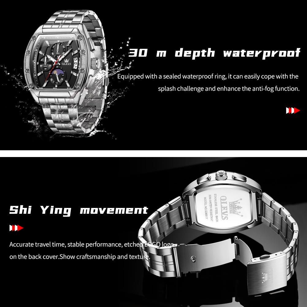 Men Big Square Face Chronograph Stainless Steel Dress Watch A140