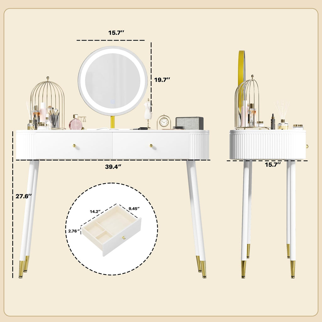 White 40" Vanity Desk with Mirror and Lights V6051