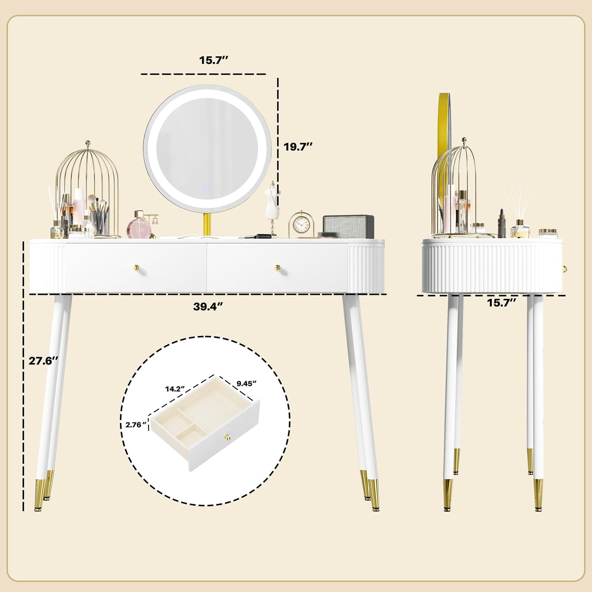 White 40" Vanity Desk with Mirror and Lights V6051