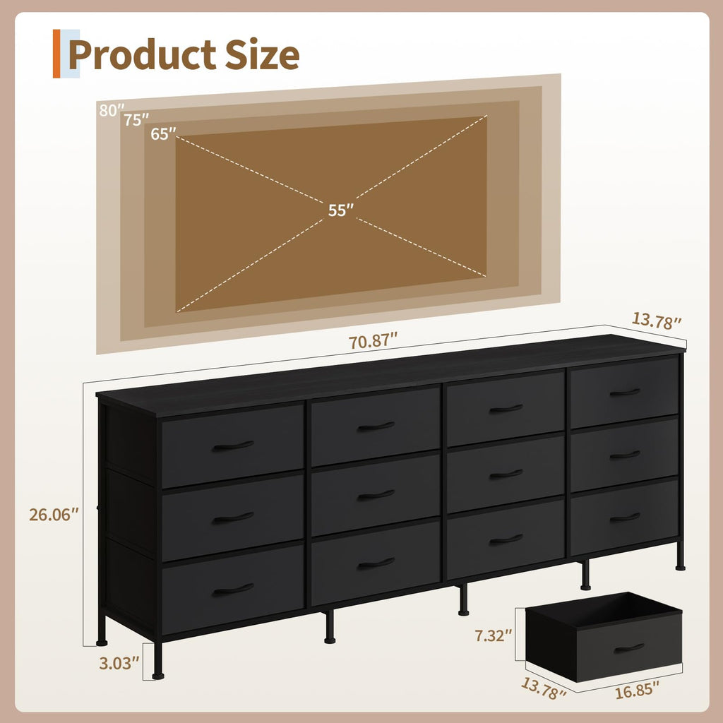 Black 12 Fabric Drawer Dresser with Charging Station J3305