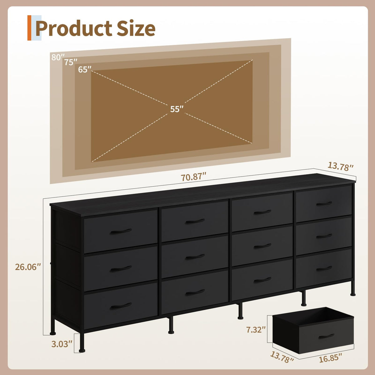 Black 12 Fabric Drawer Dresser with Charging Station J3305