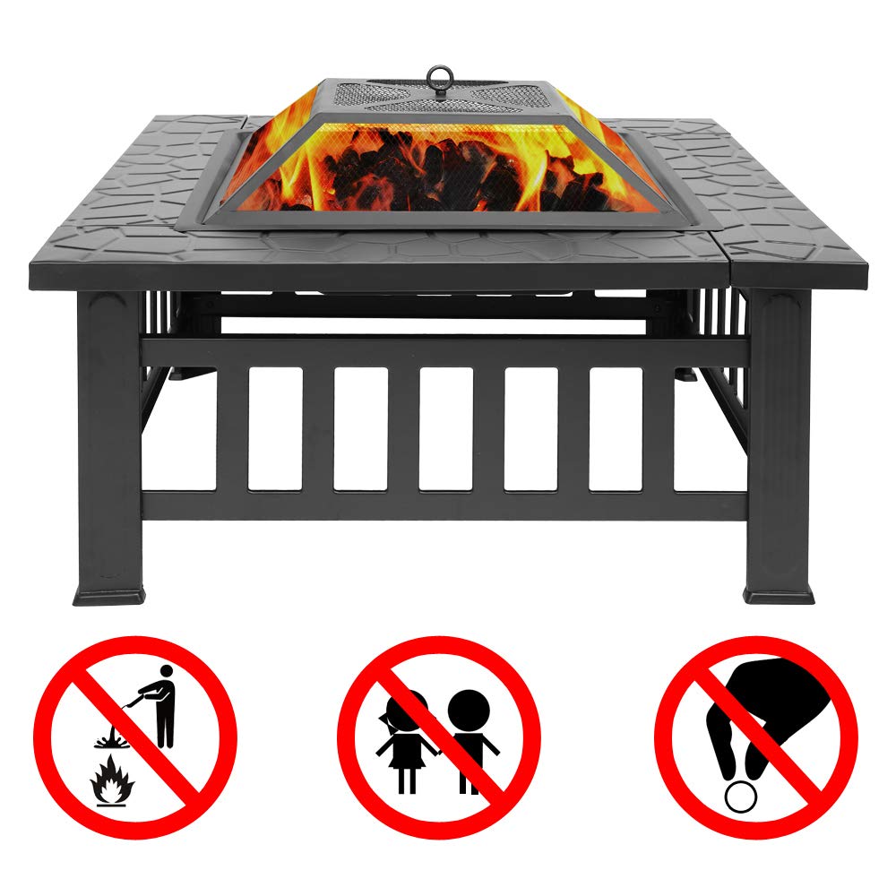 32in Square Metal Wood Burning Fire Pit with Spark Screen L262306