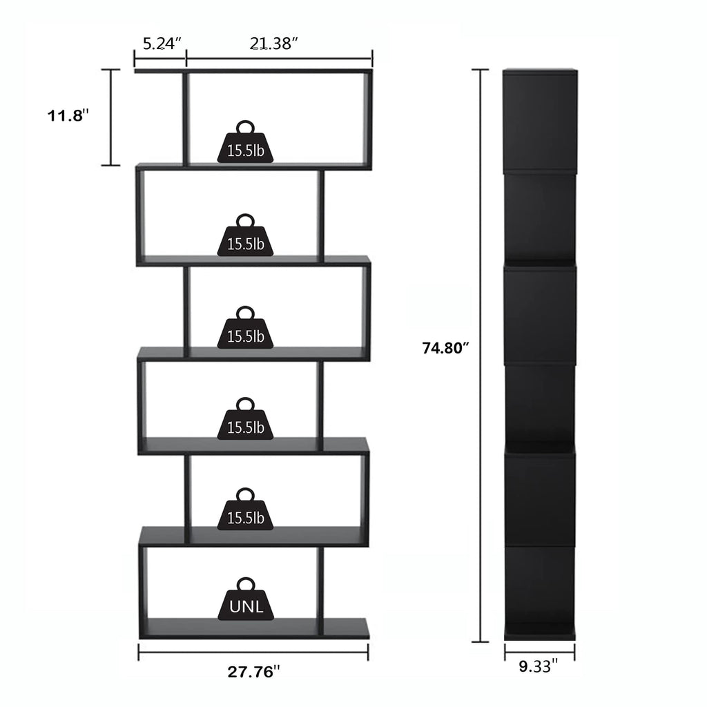 6-Tier Geometric S Shaped Wood Bookshelf U3802