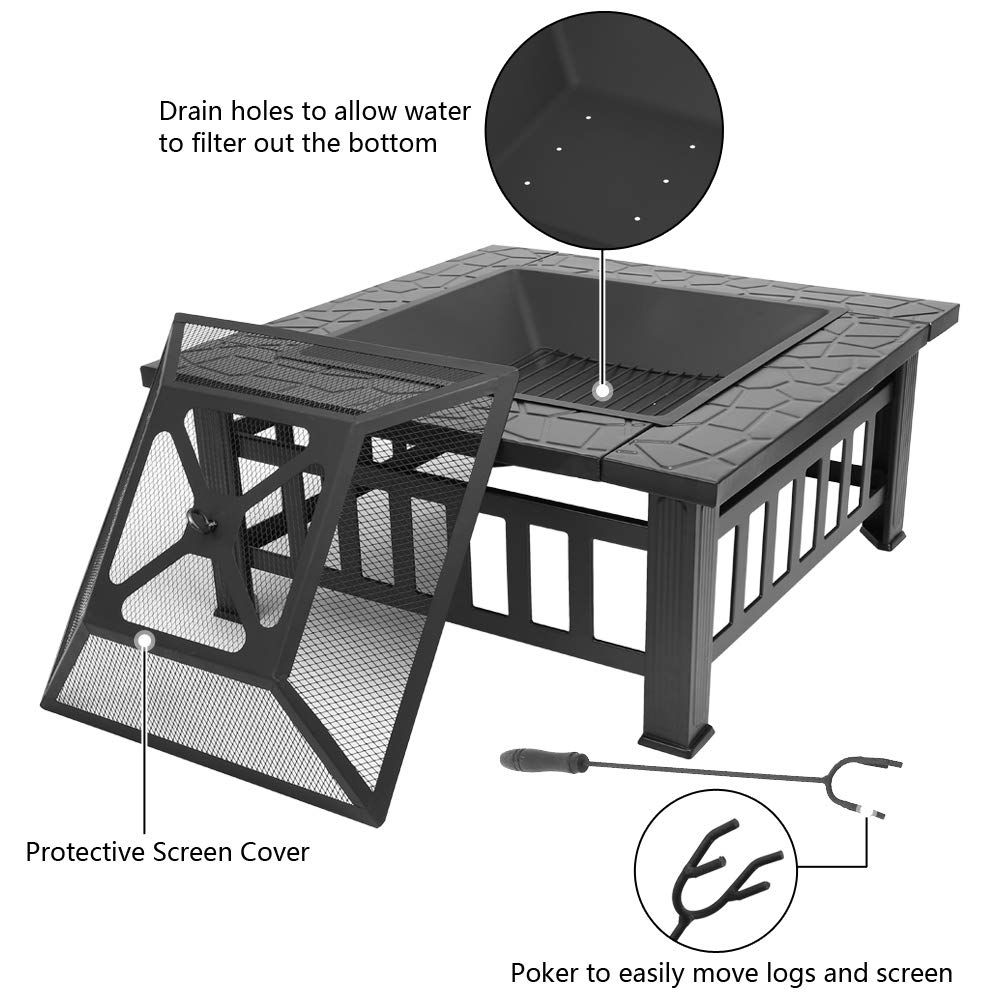 32in Square Metal Wood Burning Fire Pit with Spark Screen L262306