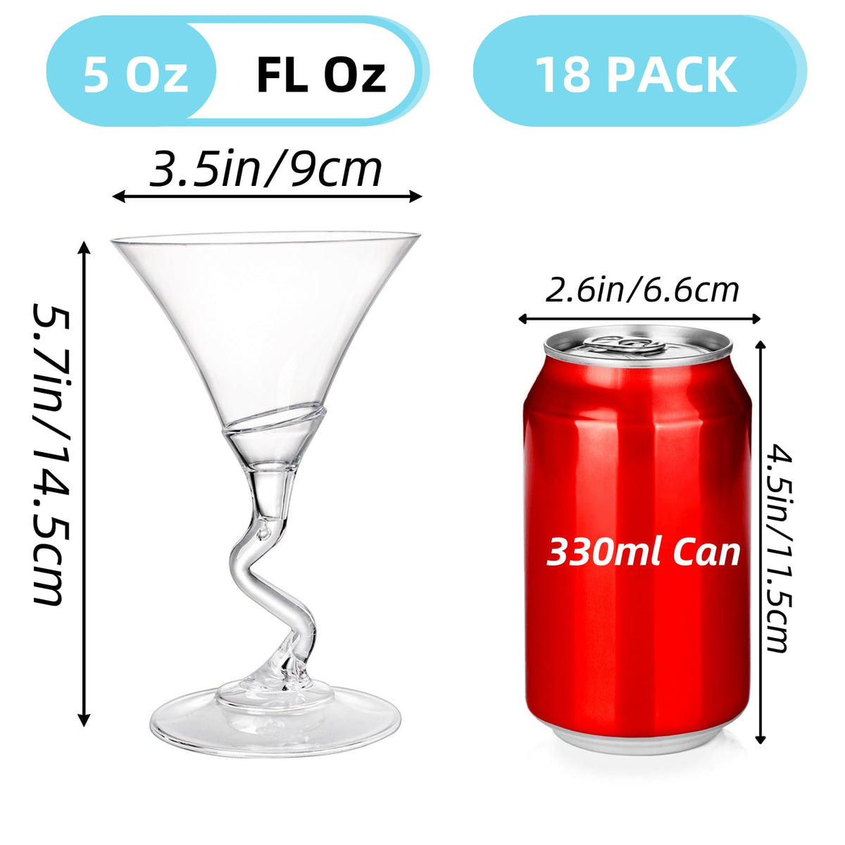 18 Pack 5 Oz Plastic Martini Glasses with Twisted Stem O931