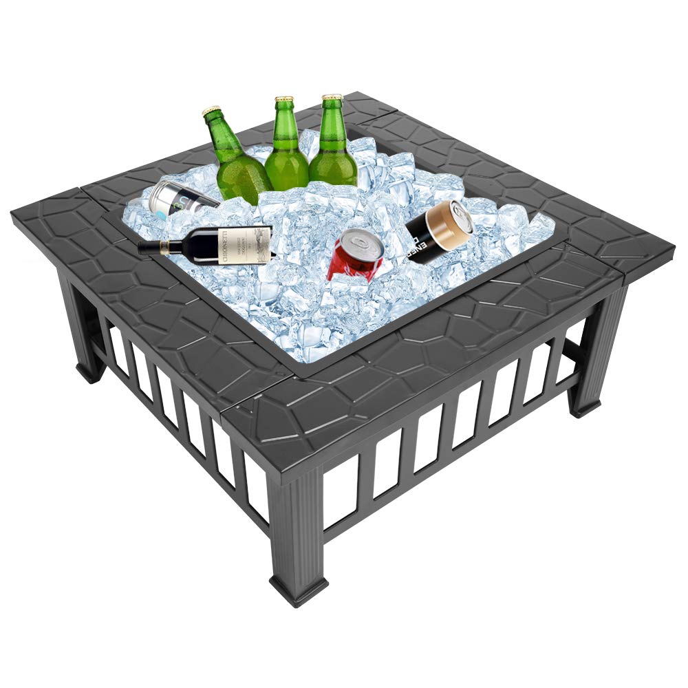 32in Square Metal Wood Burning Fire Pit with Spark Screen L262306