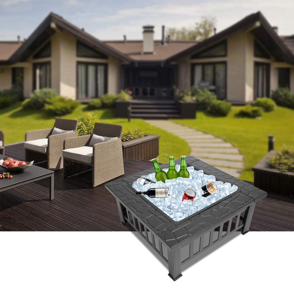 32in Square Metal Wood Burning Fire Pit with Spark Screen L262306