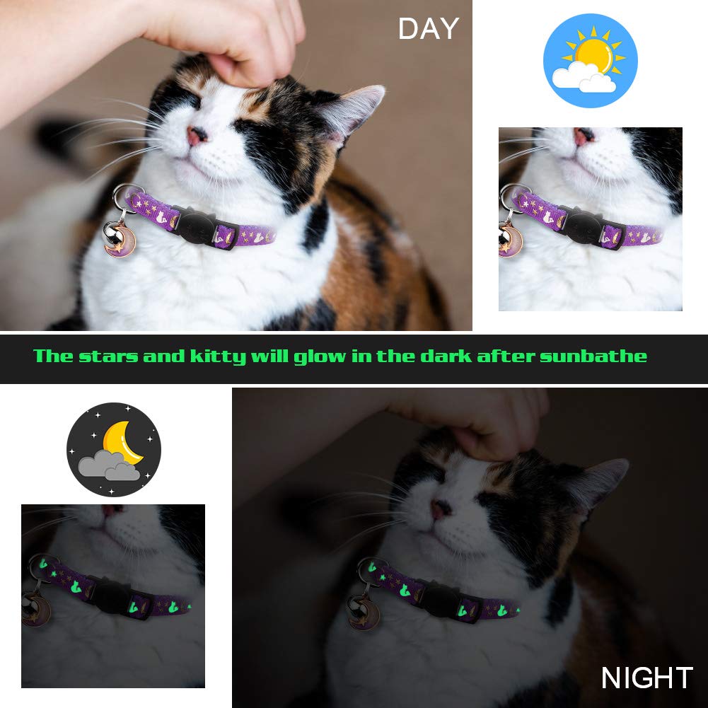 2PCS Breakaway Cat Collars with Bell Glow in The Dark Black Purple L467