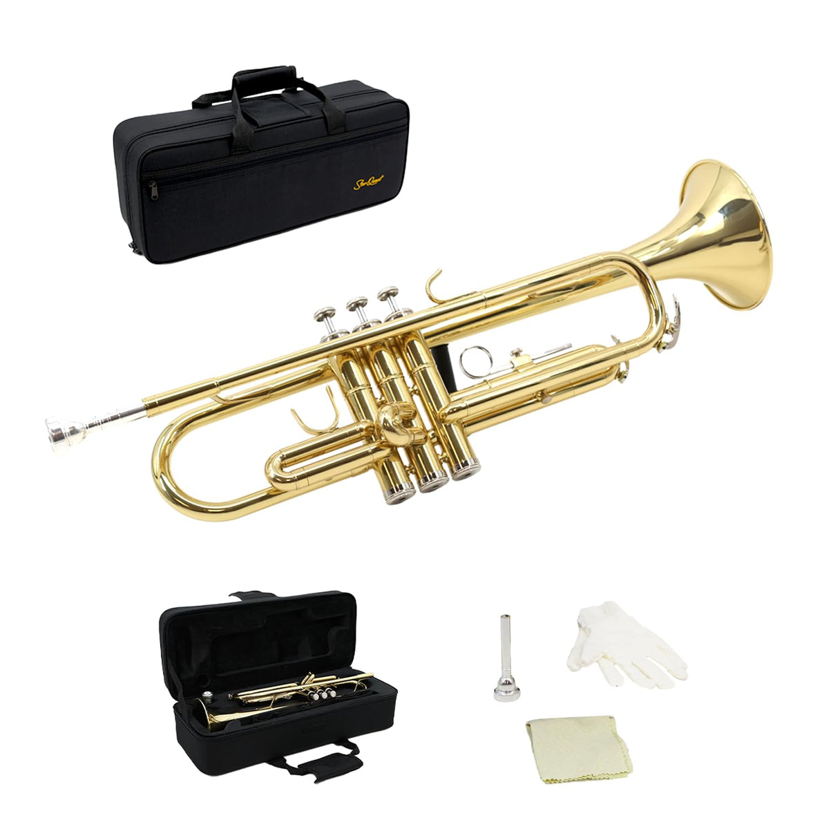 Trumpet Set with Hard Case, Mouthpiece, Cleaning Kit, Brass F547