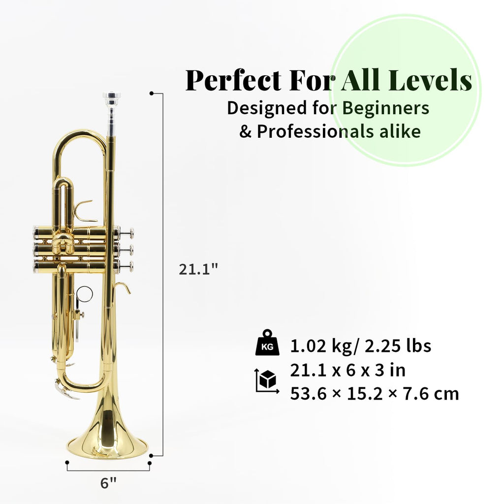 Trumpet Set with Hard Case, Mouthpiece, Cleaning Kit, Brass F547
