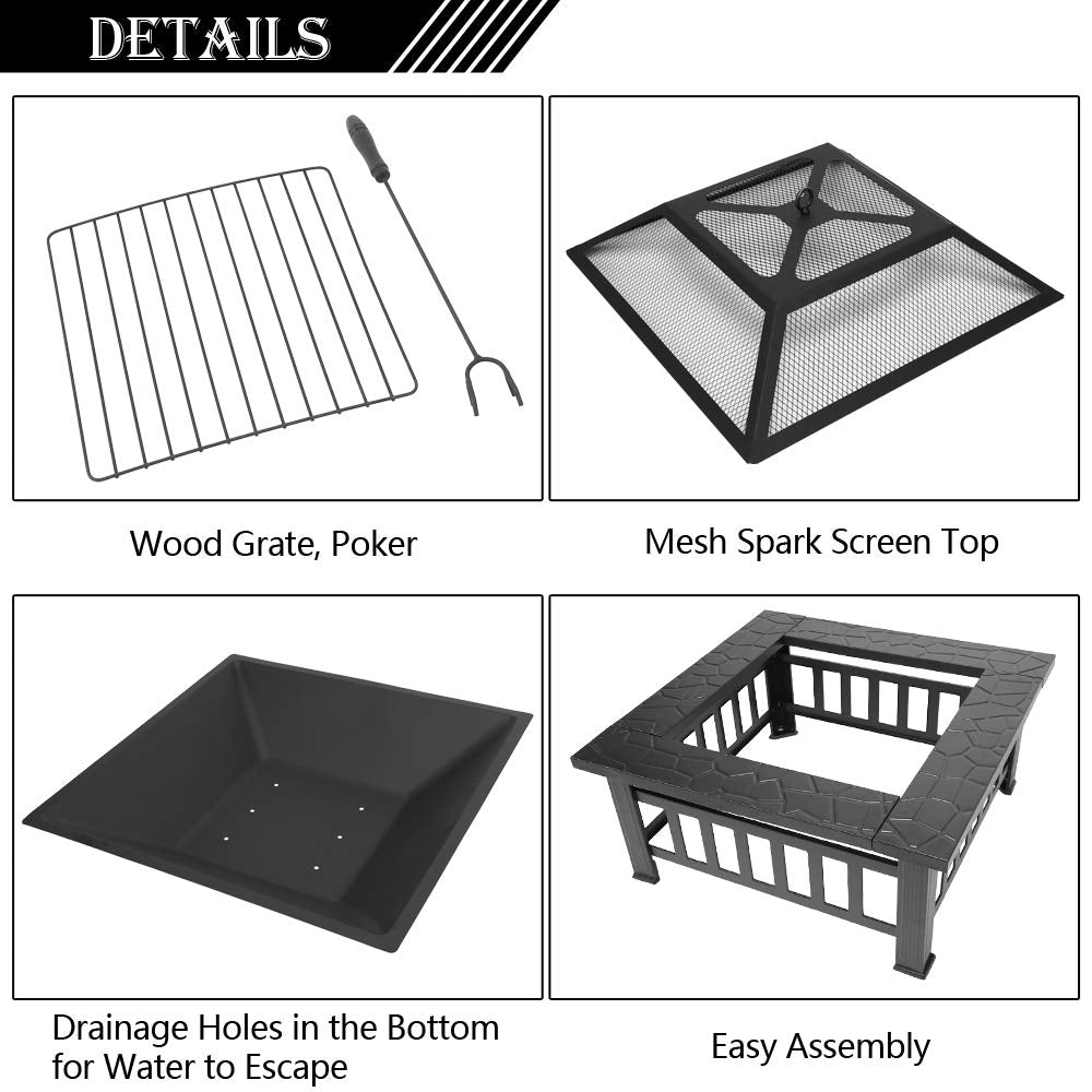32in Square Metal Wood Burning Fire Pit with Spark Screen L262306