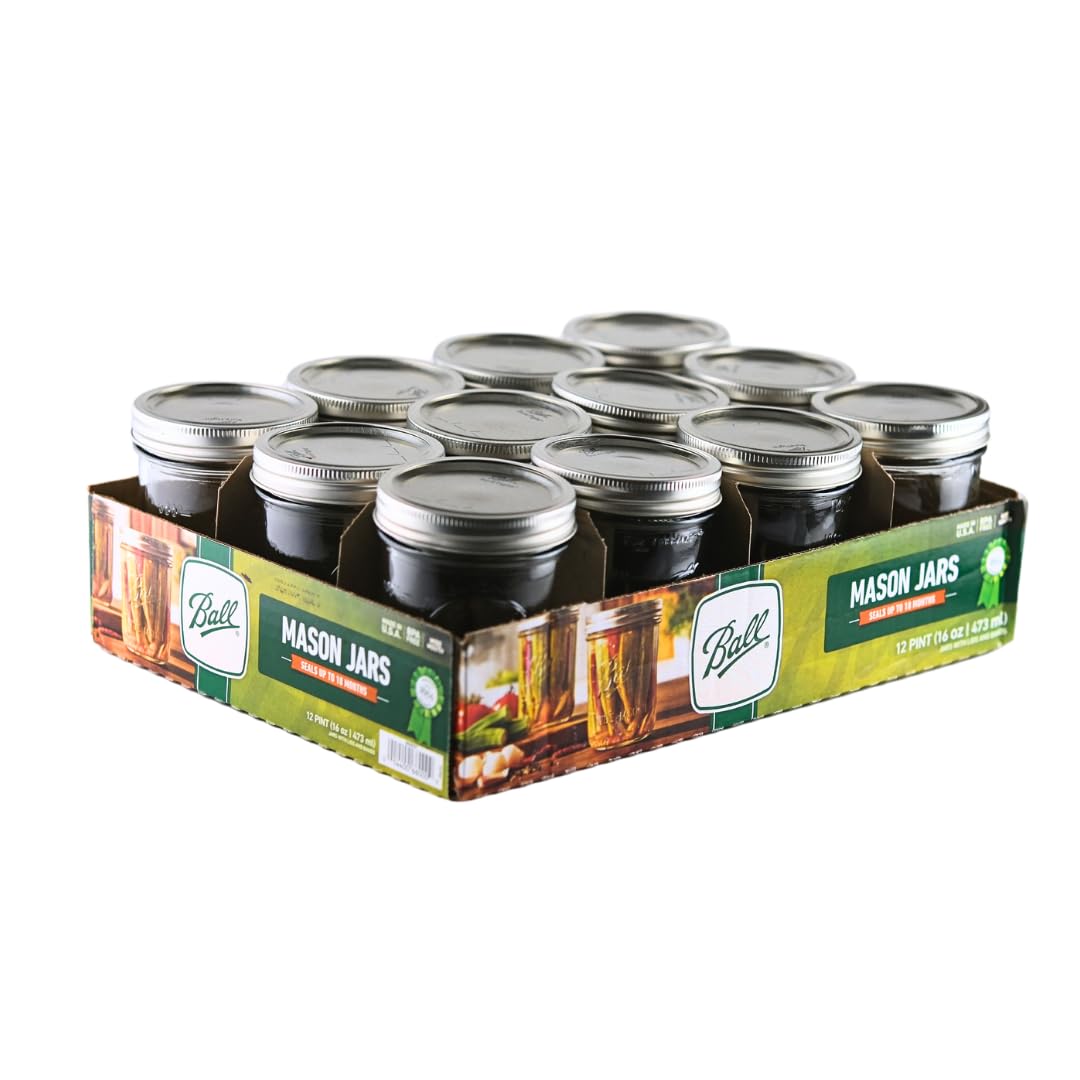 16oz Wide Mouth Glass Mason Jars with Lids & Bands, Set of 12 K491