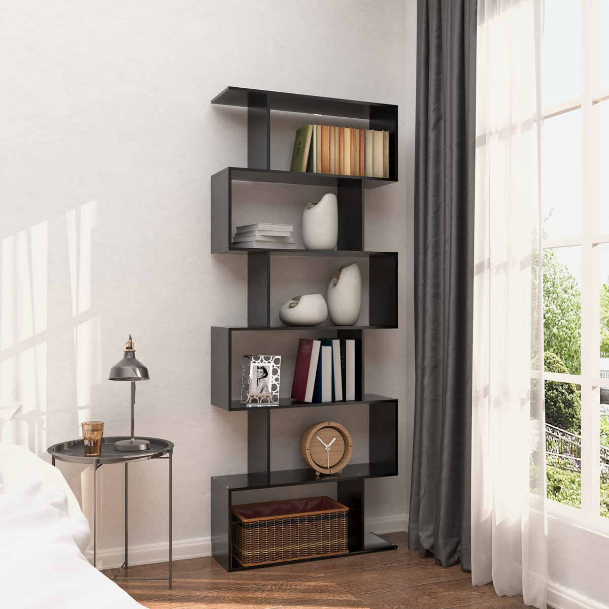 6-Tier Geometric S Shaped Wood Bookshelf U3802