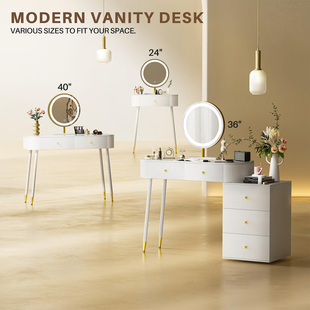 White 40" Vanity Desk with Mirror and Lights V6051