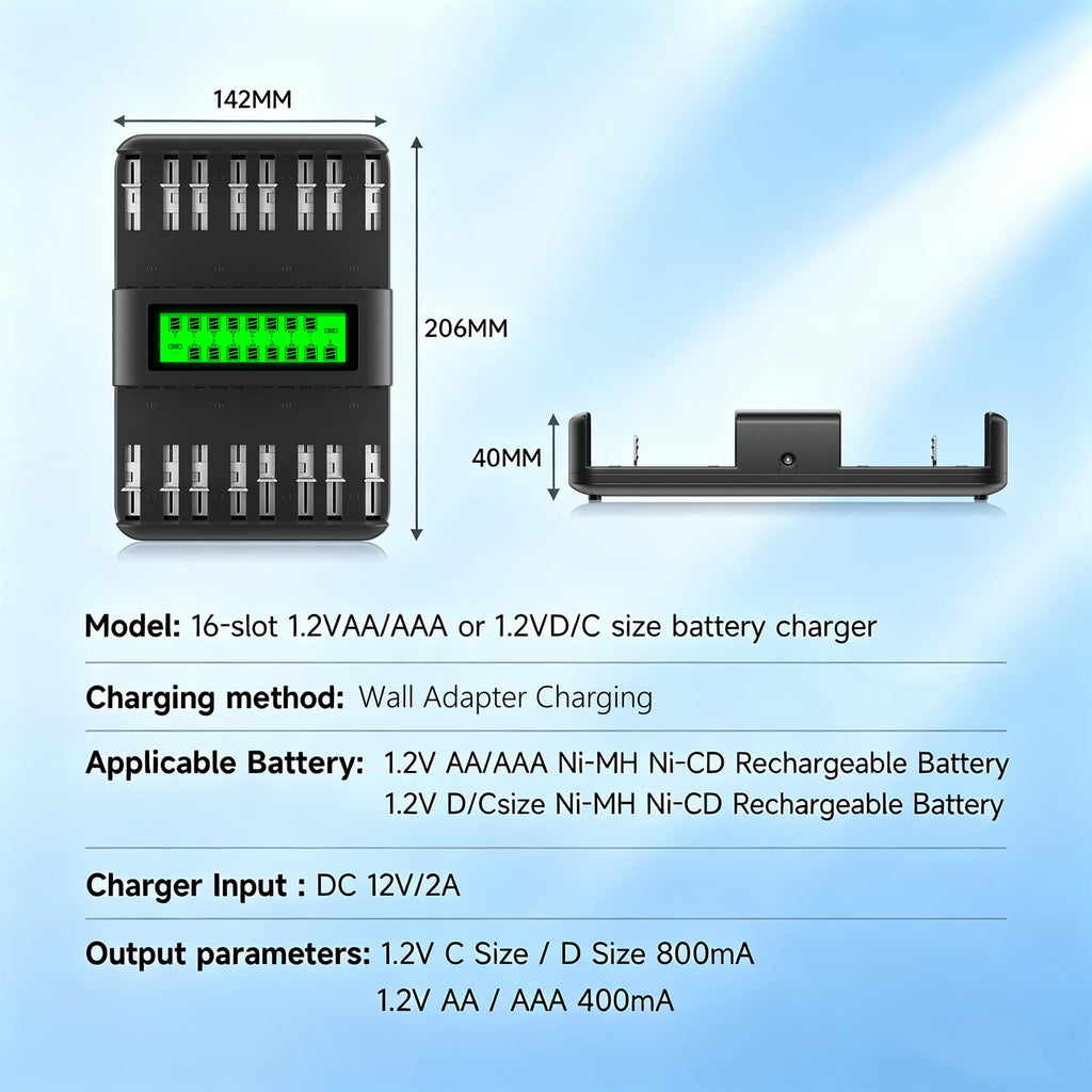 16 Bay AA AAA C D NiMH Battery Charger with LCD Display X65071