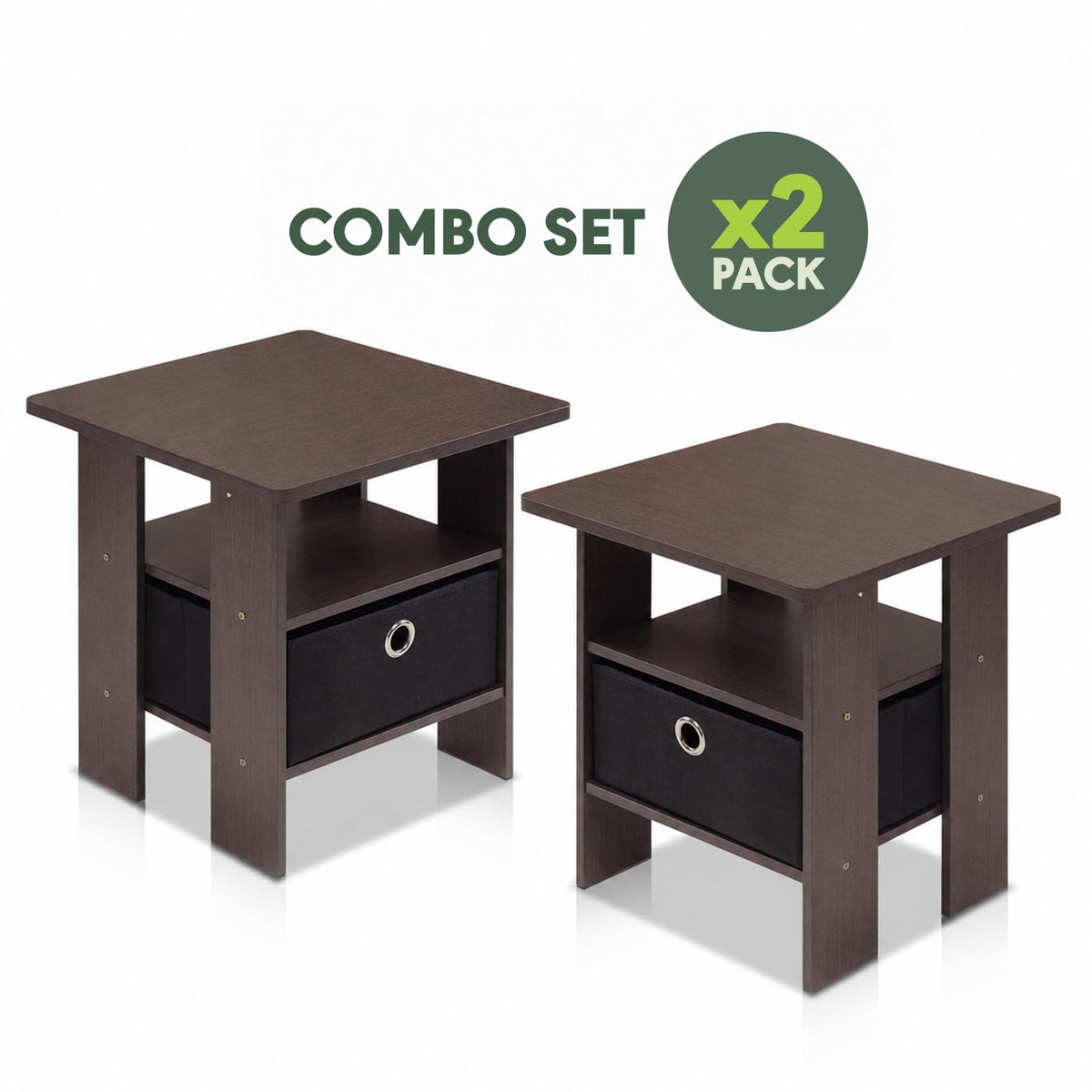 Brown Set of 2 Side Table with Storage Bin Drawer B23208