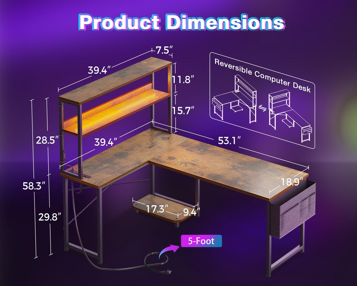 L Shaped Desk with LED Light & Power Outlet C1070