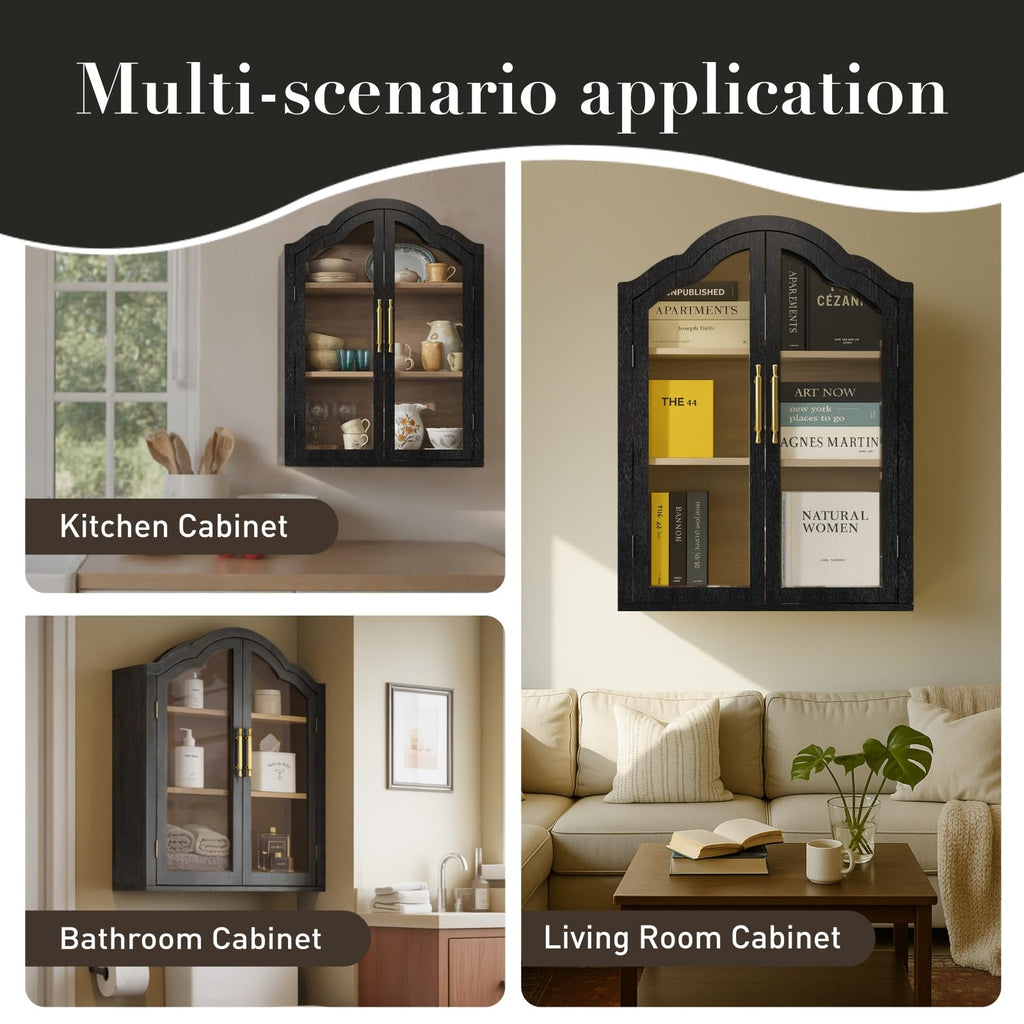 Black 31.5×23.6 Inch Wall Mounted Cabinet with Tempered Glass Doors S2799