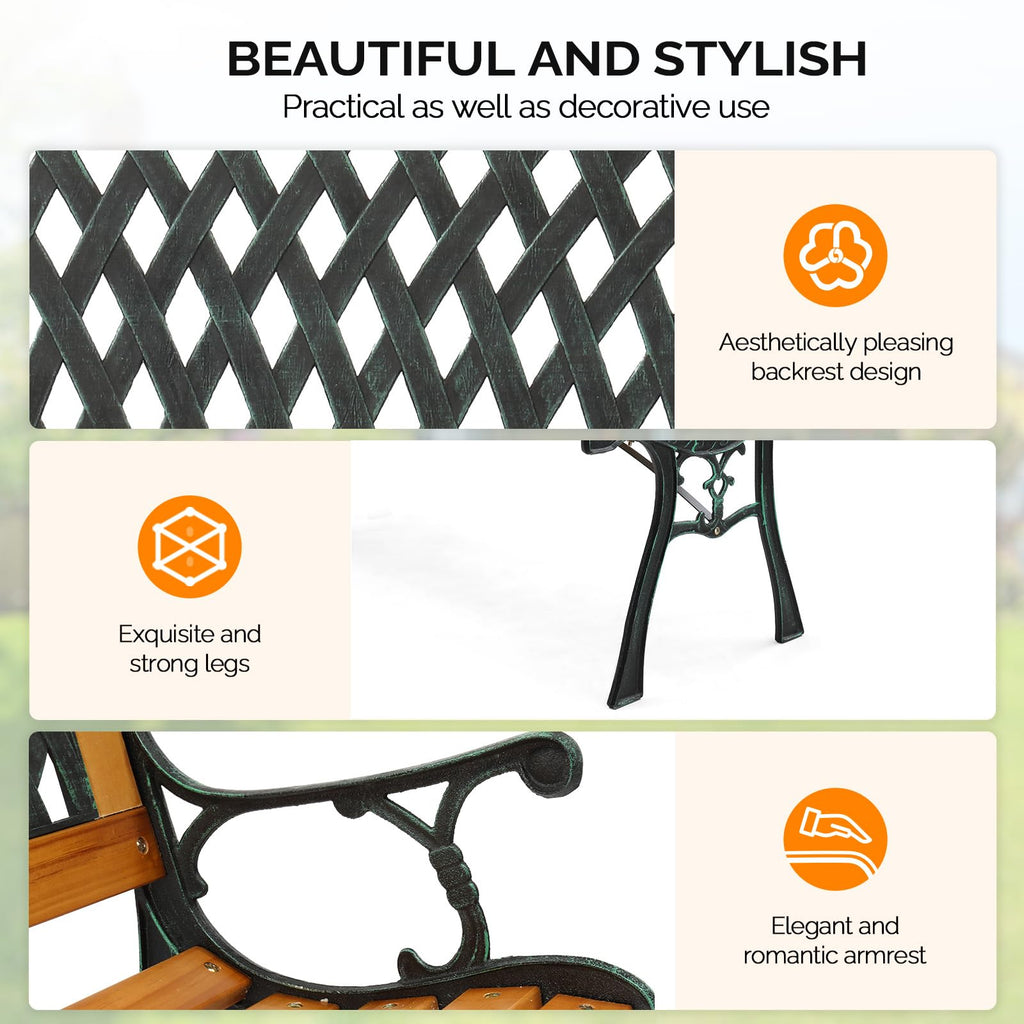 Weather Resistant Cast Iron Teak Wood 3-Person Outdoor Bench A8204