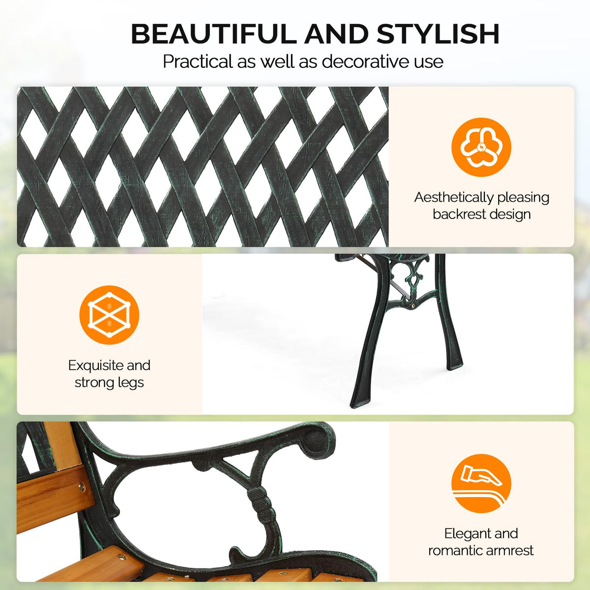 Weather Resistant Cast Iron Teak Wood 3-Person Outdoor Bench A8204