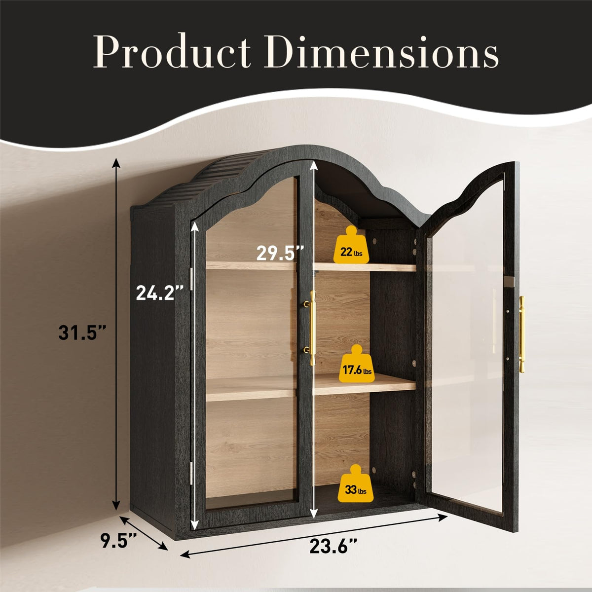 Black 31.5×23.6 Inch Wall Mounted Cabinet with Tempered Glass Doors S2799