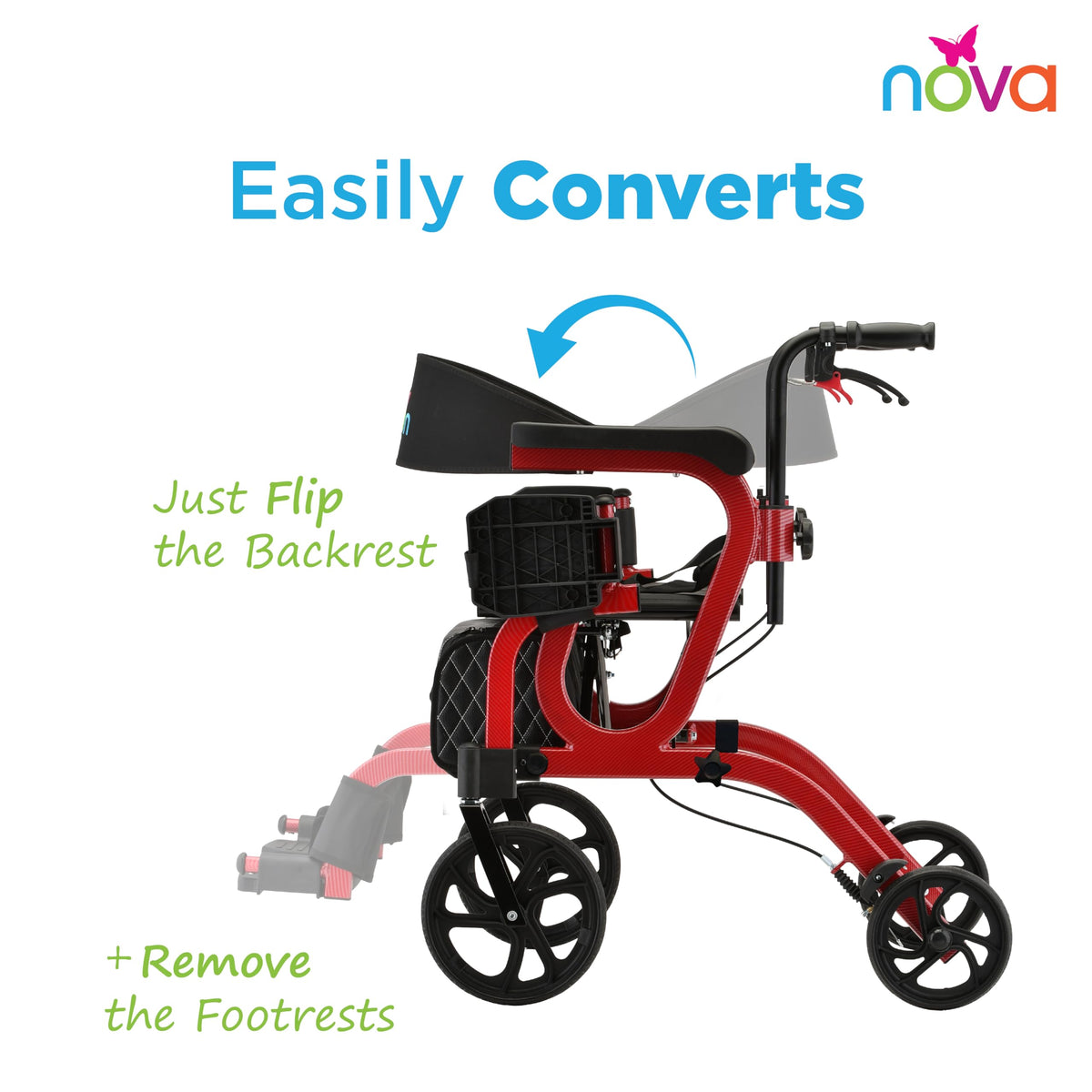 2-in-1 Rollator & Transport Wheelchair with Seat, Red H884900