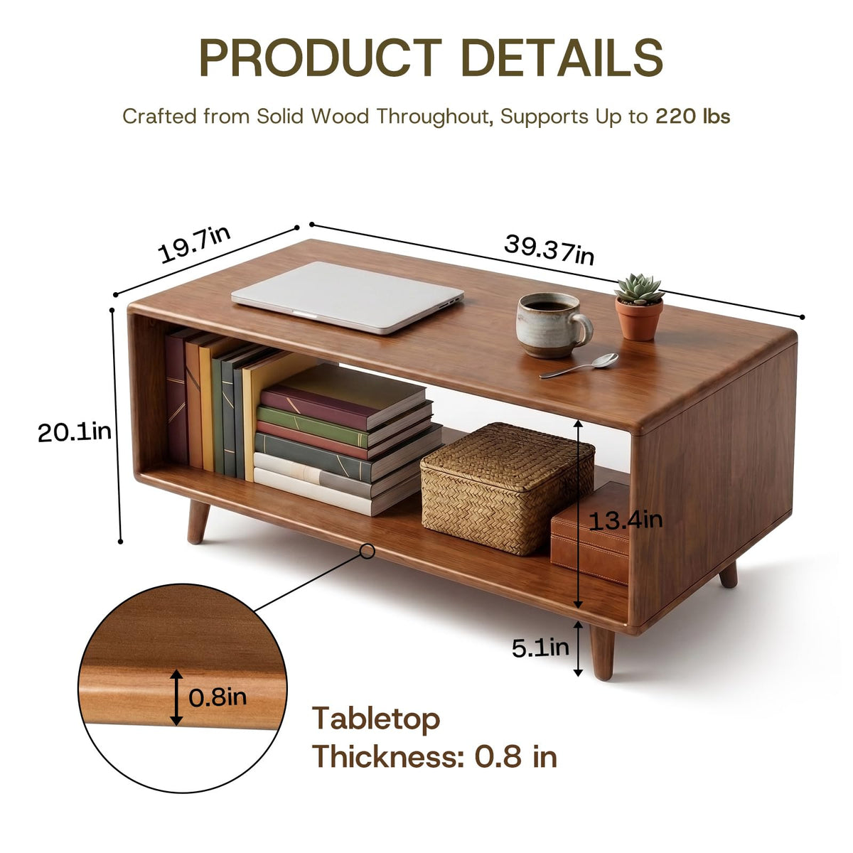 39" Rectangular Solid Wood Coffee Table Y39774
