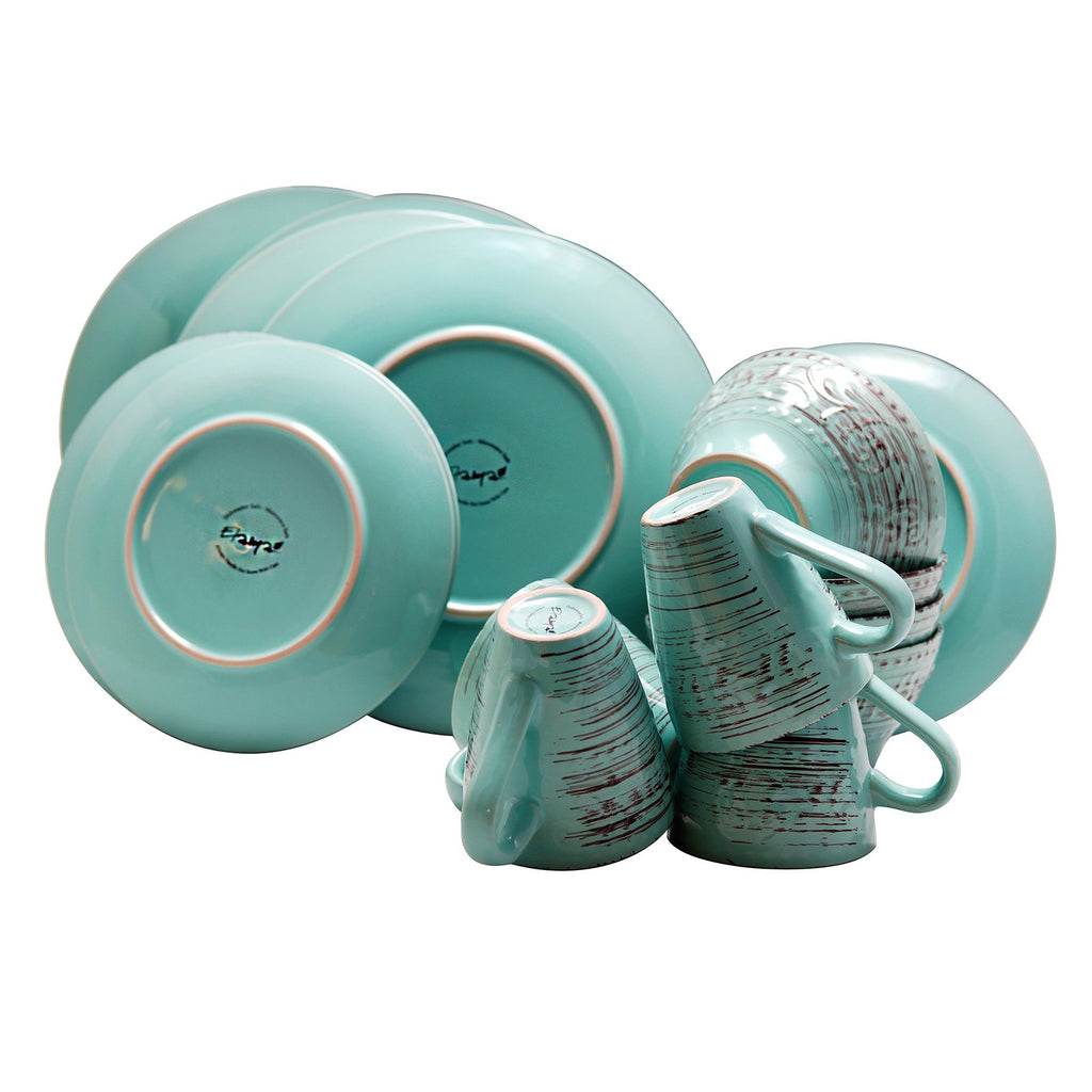 Turquoise 16 Piece Embossed Stoneware Dish Set W876
