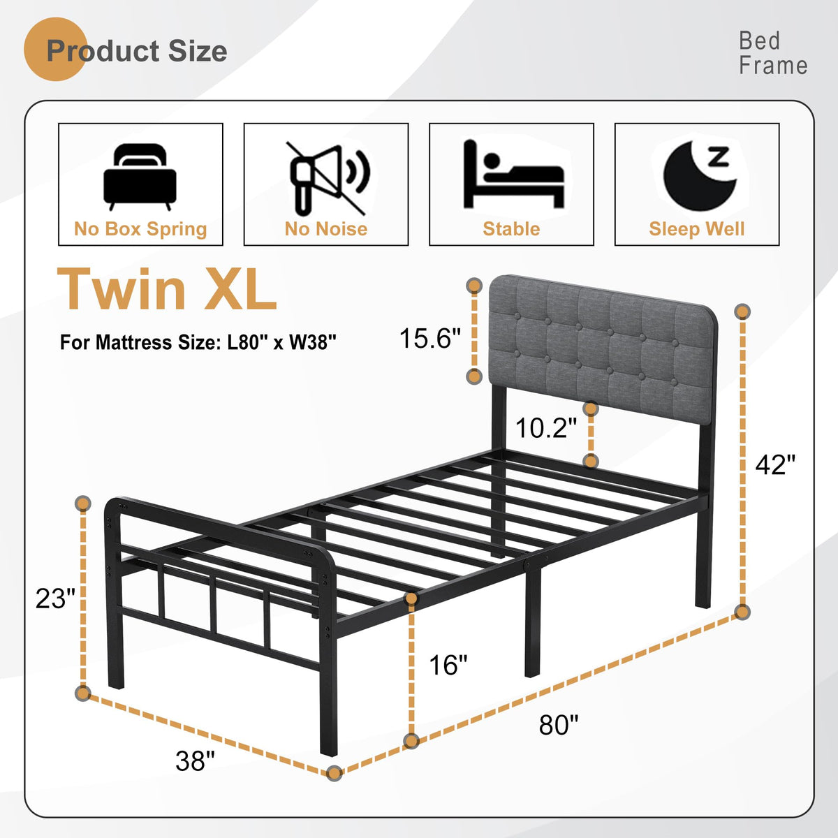 16 Inch Twin XL Upholstered Metal Bed Frame Y434532