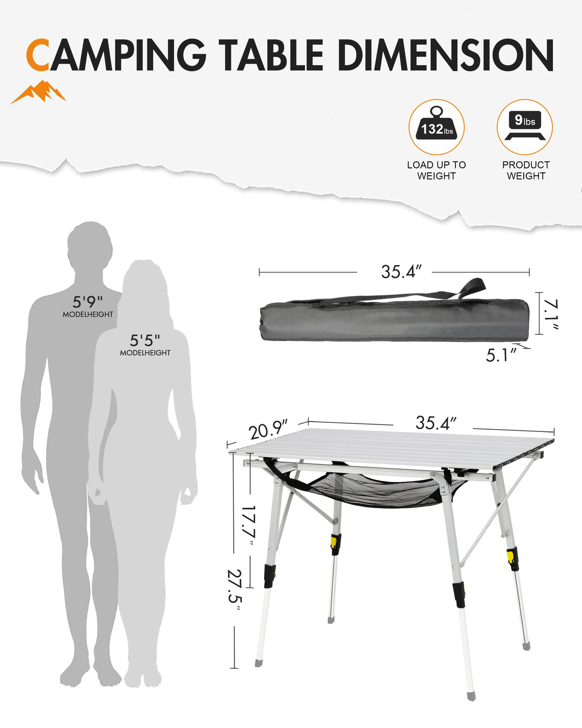 Folding Portable Camping Table with Adjustable Height Aluminum Roll Up Top E99834