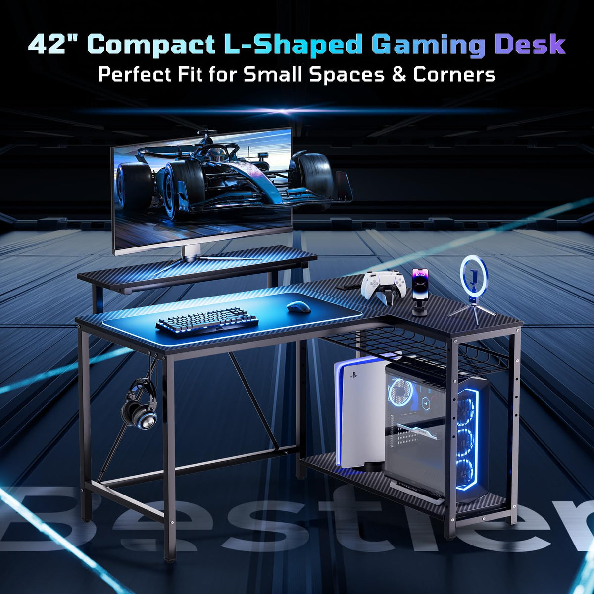 42-Inch L-Shaped Computer Desk with Charging & LED, Black R7465