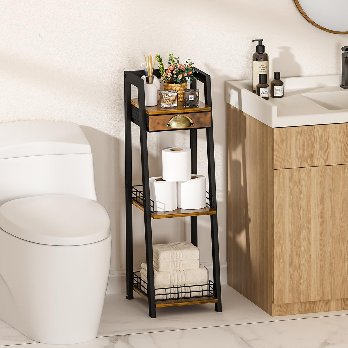 3-Tier Narrow Bathroom Shelves with Drawer F826