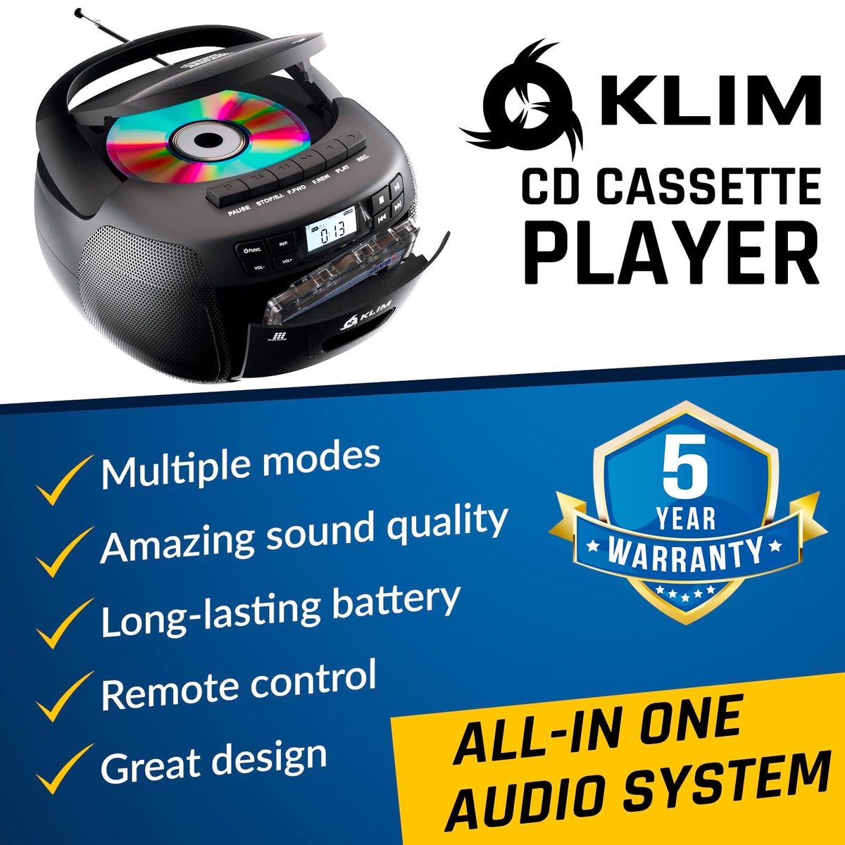 CD Cassette Player with Bluetooth AM FM Radio USB Drive G291638