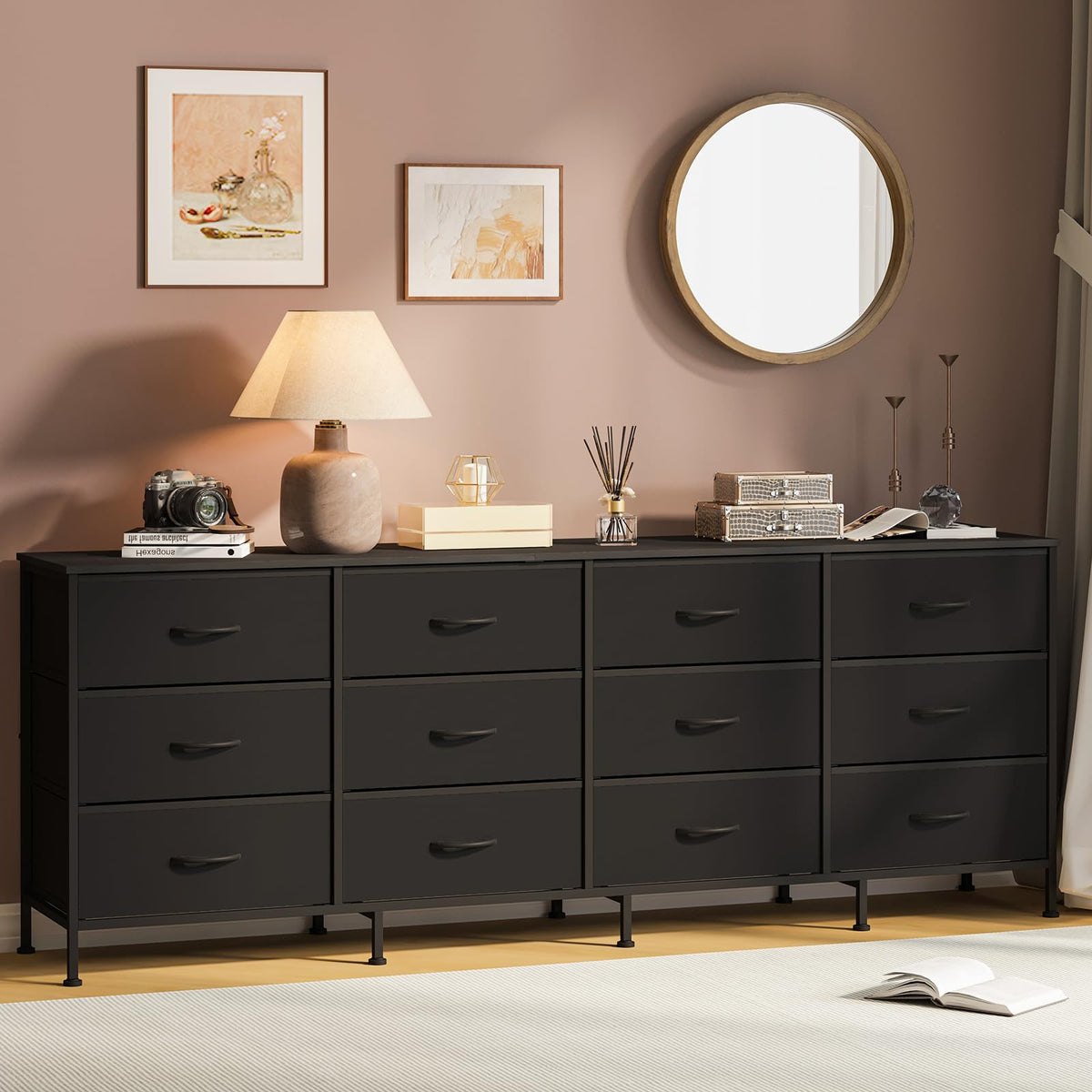 Black 12 Fabric Drawer Dresser with Charging Station J3305