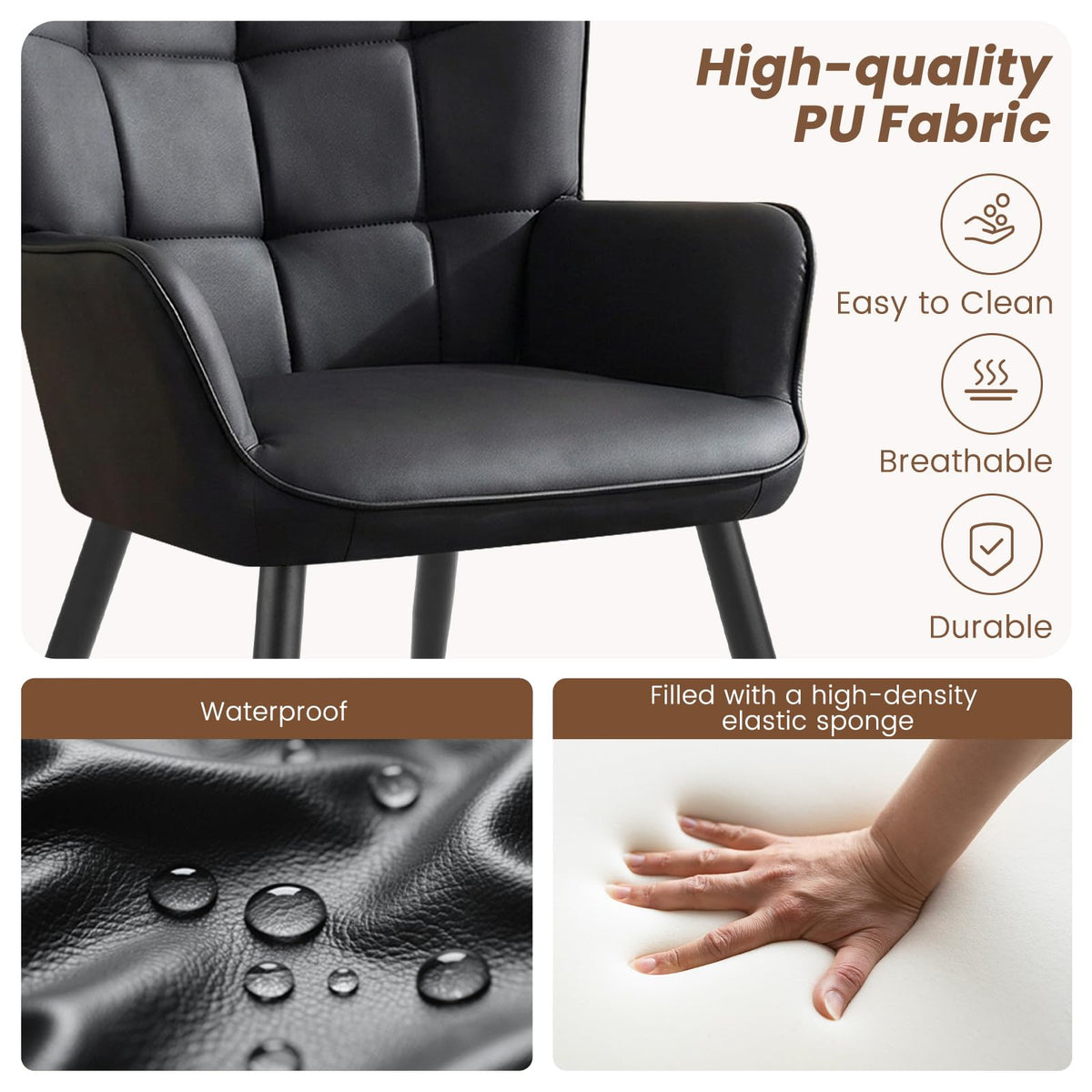 Black PU Leather Armchair with Metal Legs O555
