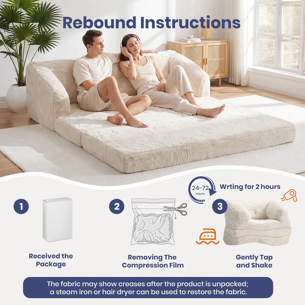 Convertible Folding Sofa Bed, 2 in 1 Portable Floor Couch & Foam Mattress with Handle, Space-Saving Faux Fur Futon Chair for Living Room, Bedroom, Guest Room (Loveseat, Beige) J3444
