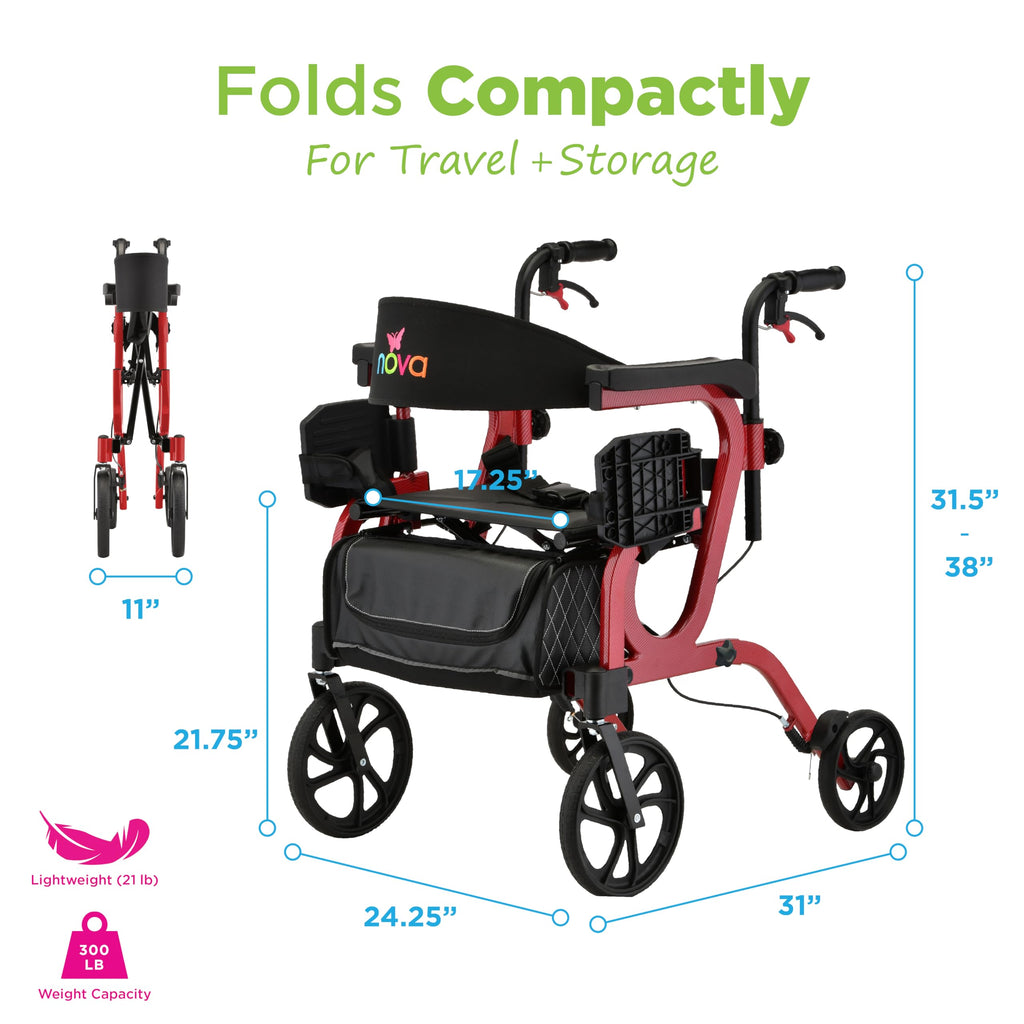 2-in-1 Rollator & Transport Wheelchair with Seat, Red H884900