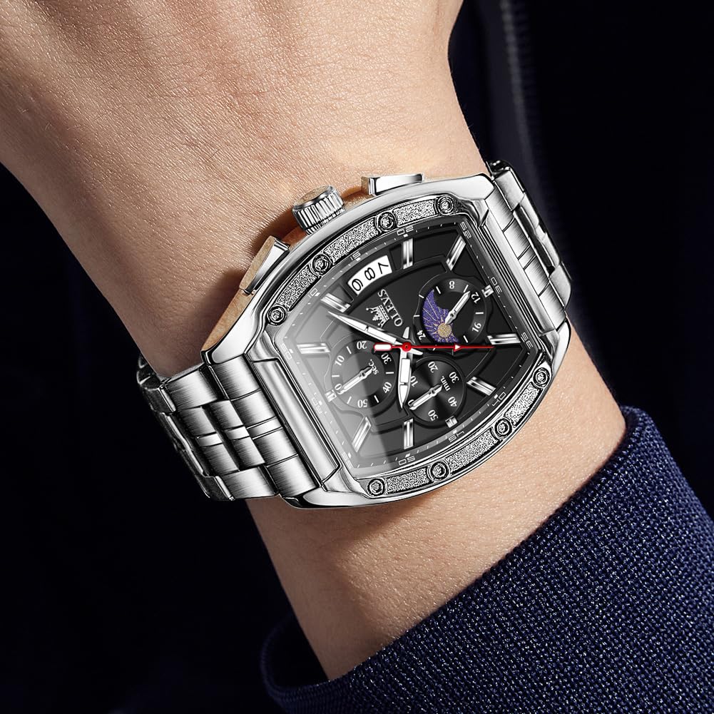 Men Big Square Face Chronograph Stainless Steel Dress Watch A140