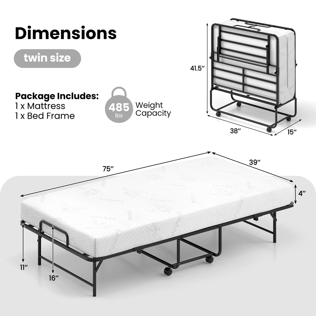 Twin Folding Bed with Memory Foam Mattress D679