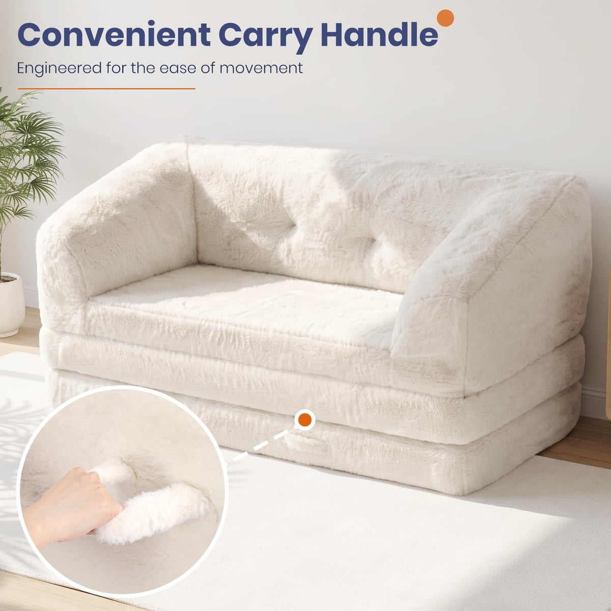 Convertible Folding Sofa Bed, 2 in 1 Portable Floor Couch & Foam Mattress with Handle, Space-Saving Faux Fur Futon Chair for Living Room, Bedroom, Guest Room (Loveseat, Beige) J3444