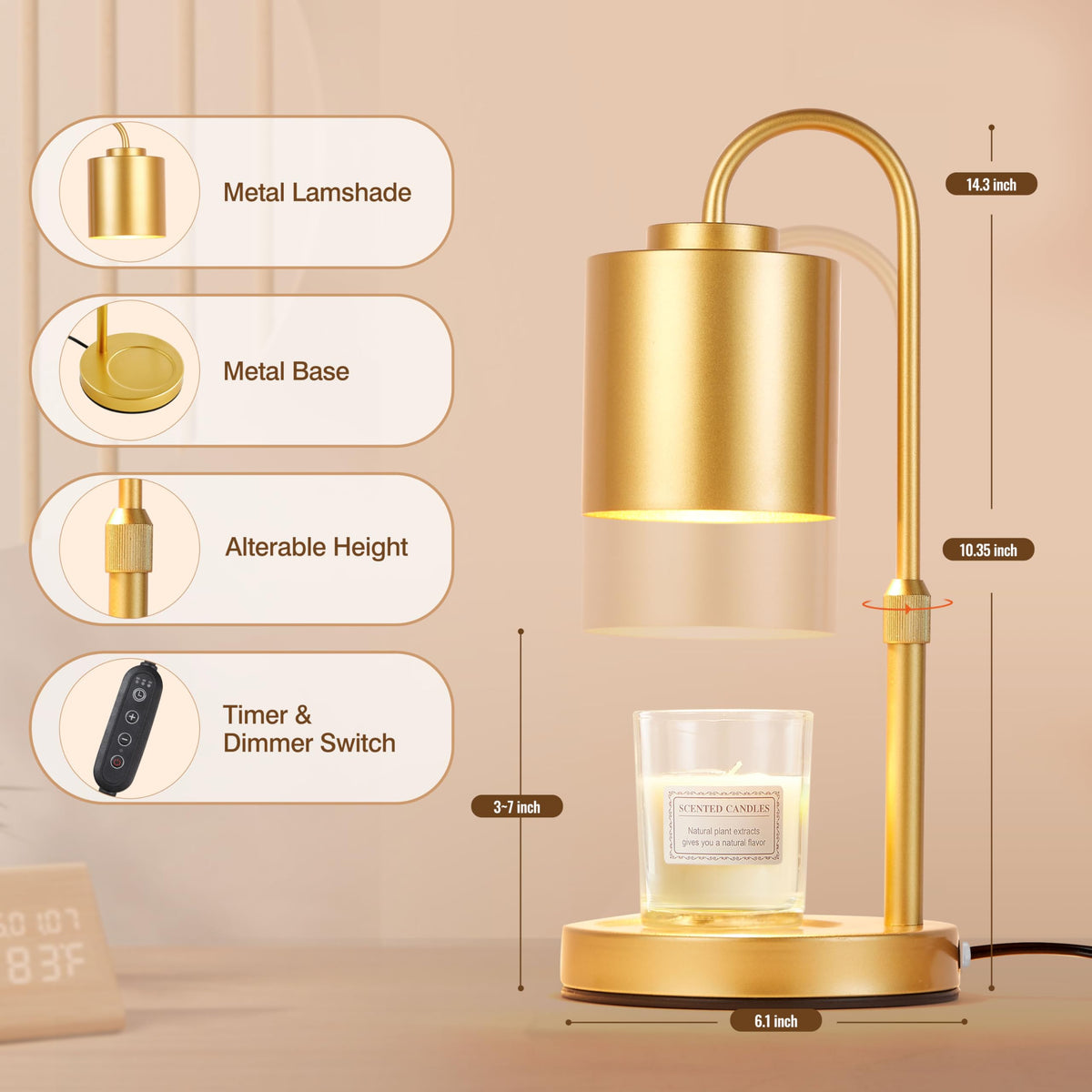 Height Adjustable Electric Candle Warmer Lamp with Timer & Dimmer X78493