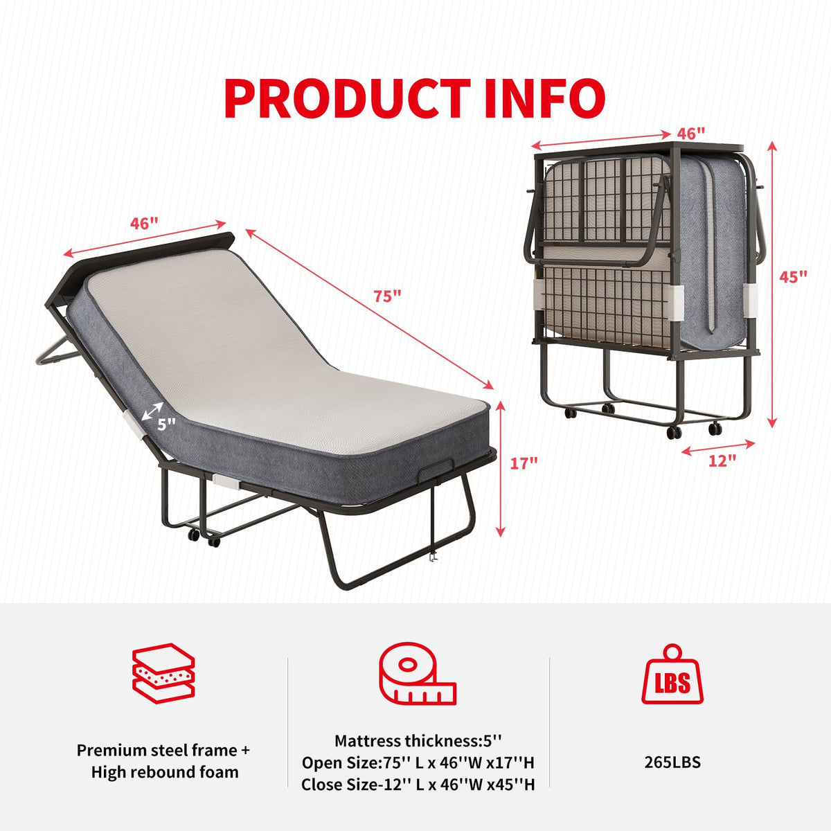 Folding Bed with 5" Memory Foam Mattress and 4 Lockable Wheels D565
