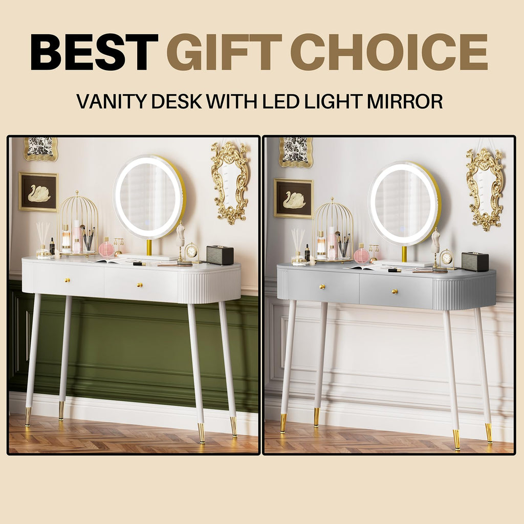White 40" Vanity Desk with Mirror and Lights V6051