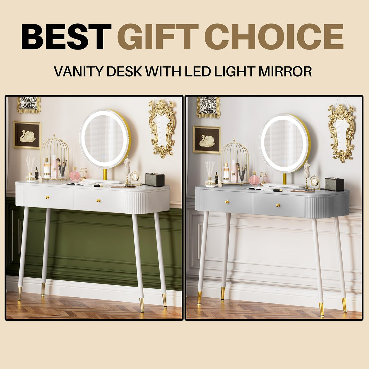 White 40" Vanity Desk with Mirror and Lights V6051