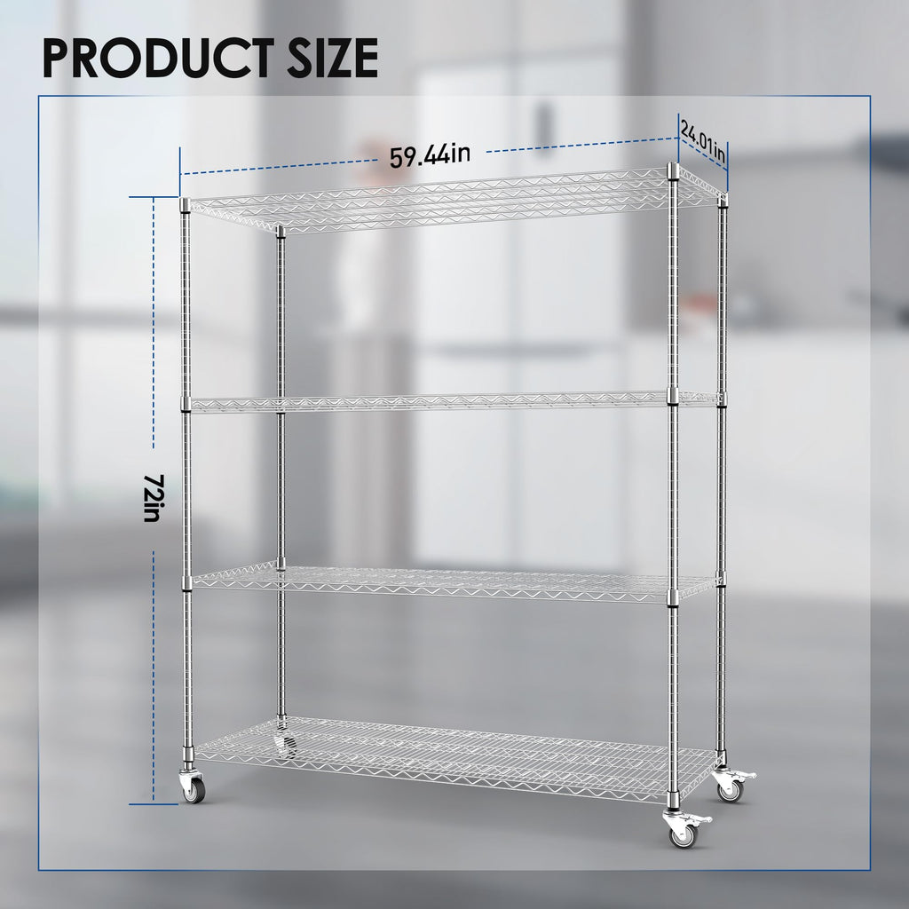 60" W 4-Tier Heavy Duty Wire Shelving 72" H x 24" D Metal Storage Rack with Wheels M559