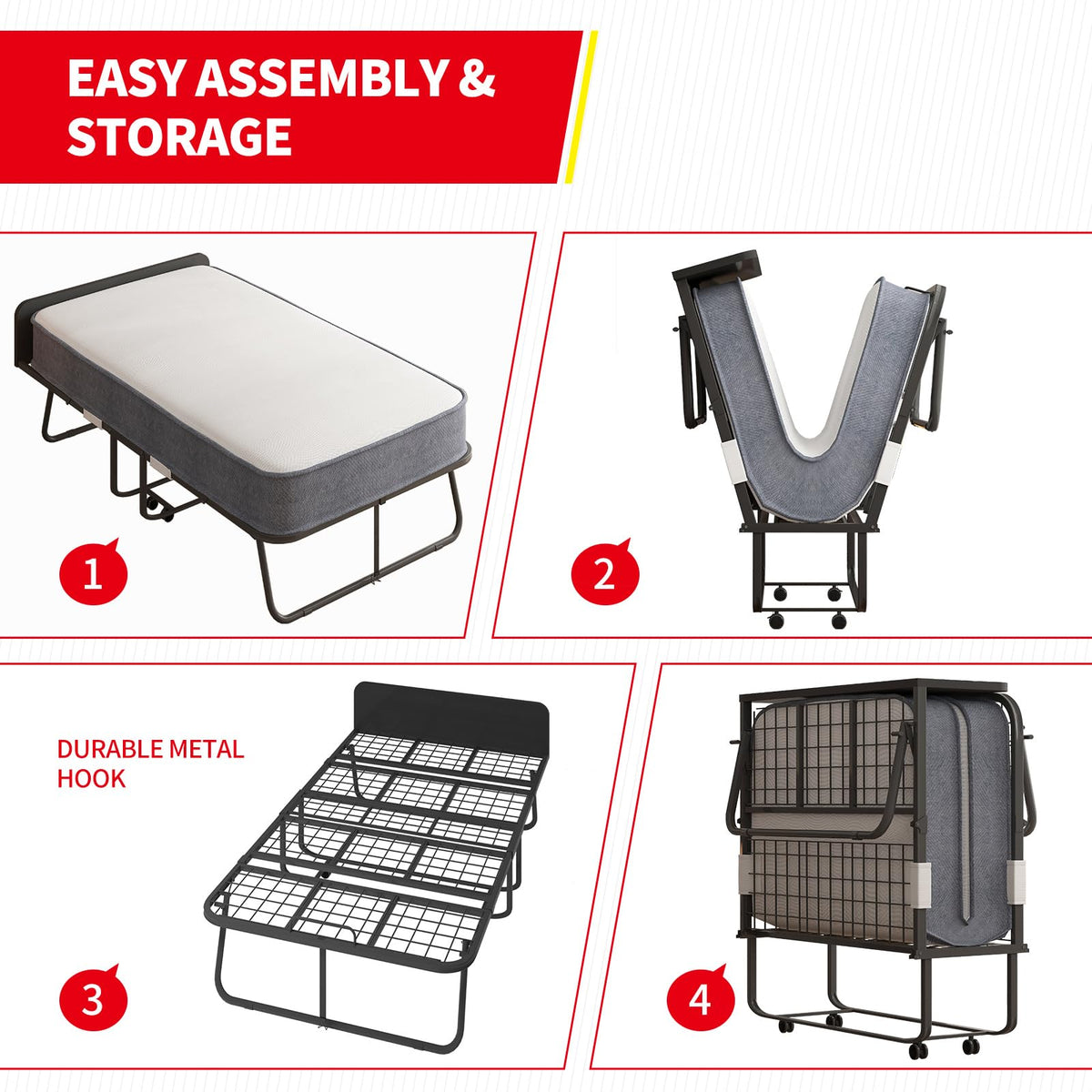 Folding Bed with 5" Memory Foam Mattress and 4 Lockable Wheels D565