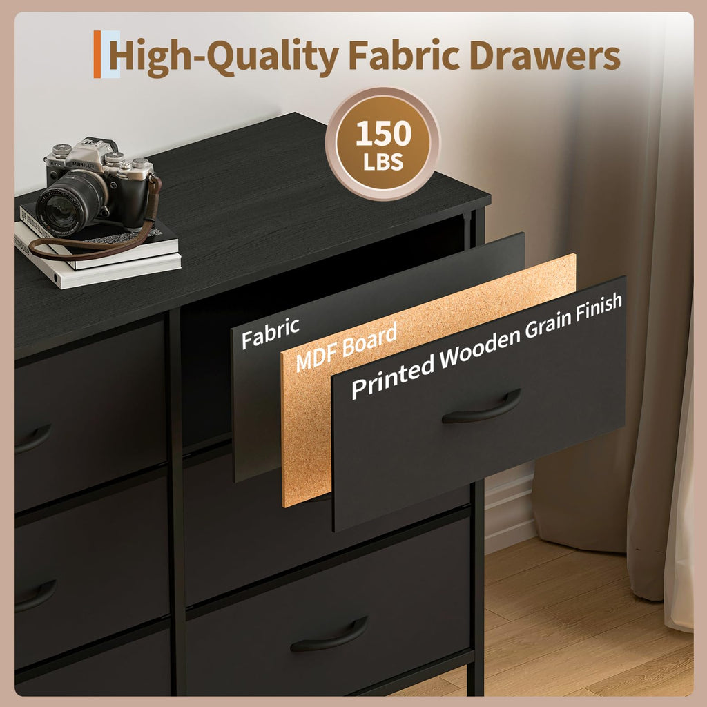 Black 12 Fabric Drawer Dresser with Charging Station J3305